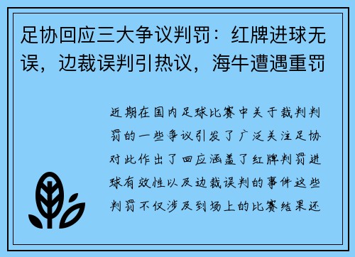 足协回应三大争议判罚：红牌进球无误，边裁误判引热议，海牛遭遇重罚原因揭秘