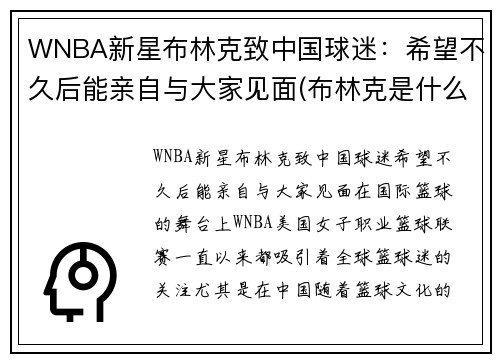 WNBA新星布林克致中国球迷：希望不久后能亲自与大家见面(布林克是什么意思)